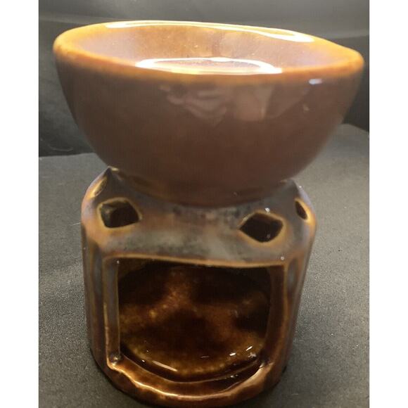 Glazed Brown and Blue Ceramic Oil Warmer with JR, 4" x 3" - Picture 2 of 4